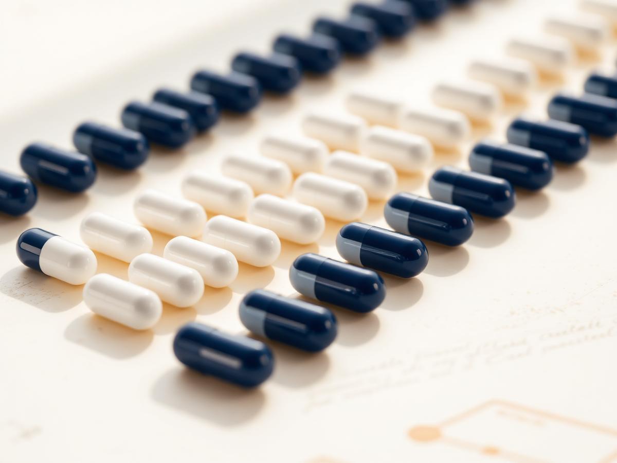 Navy and white capsules arranged in rows
