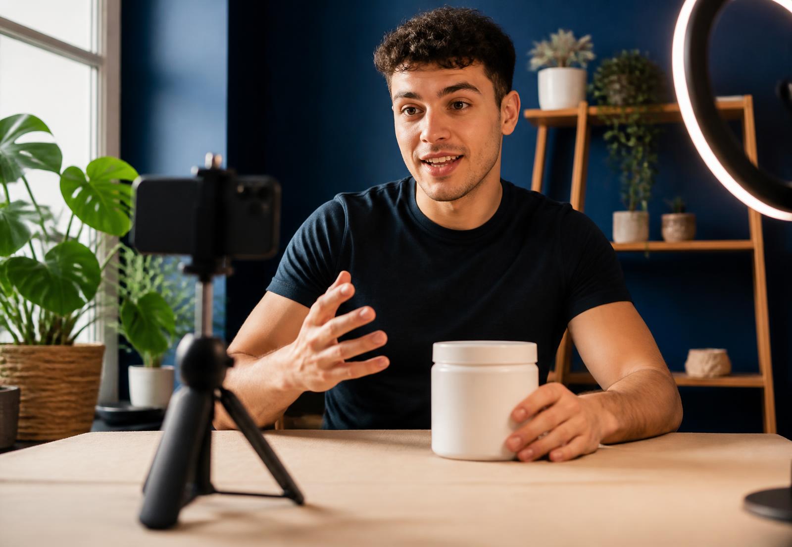 Creator filming content with an unbranded supplement jar