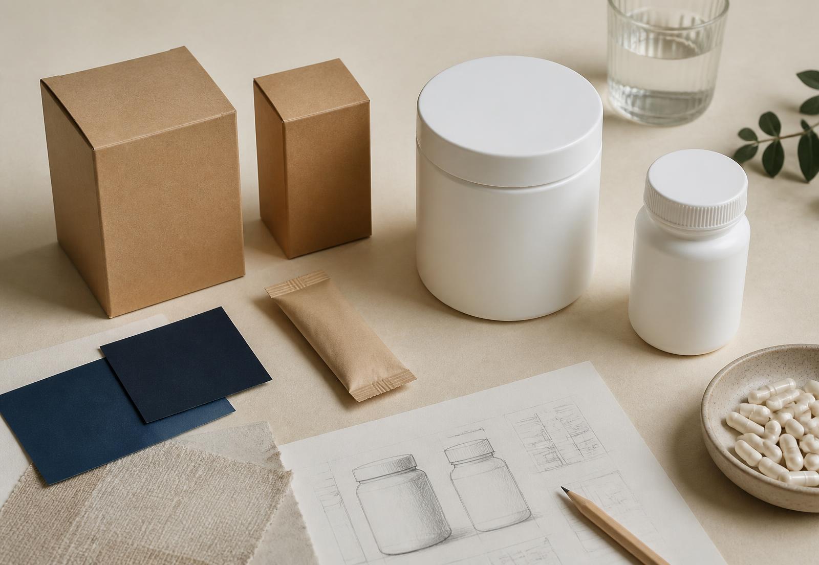 Blank supplement packaging mockups and design sketches on a desk