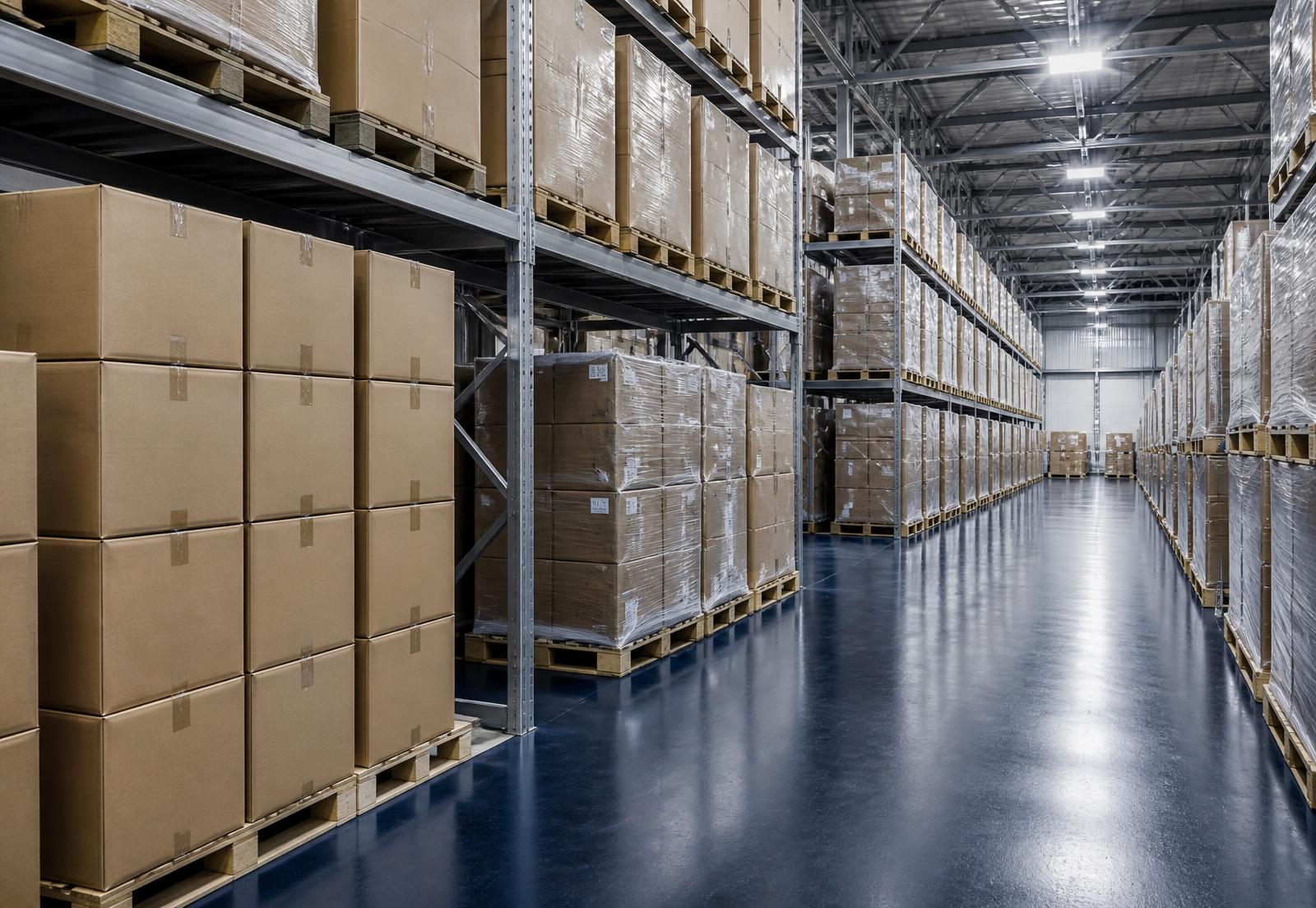 Plain cartons and wrapped pallets in a clean warehouse aisle