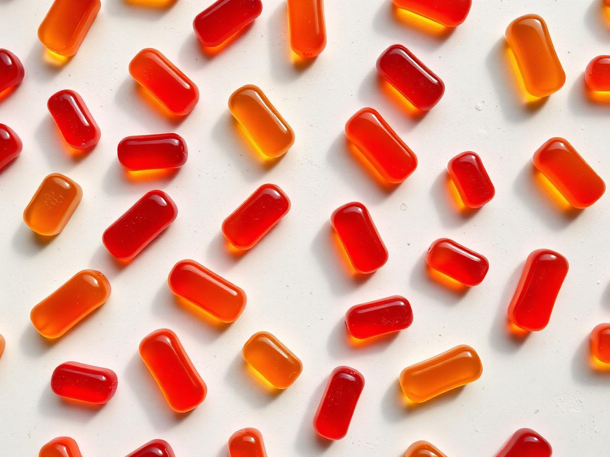 Fruit-flavored supplement gummies arranged in a grid