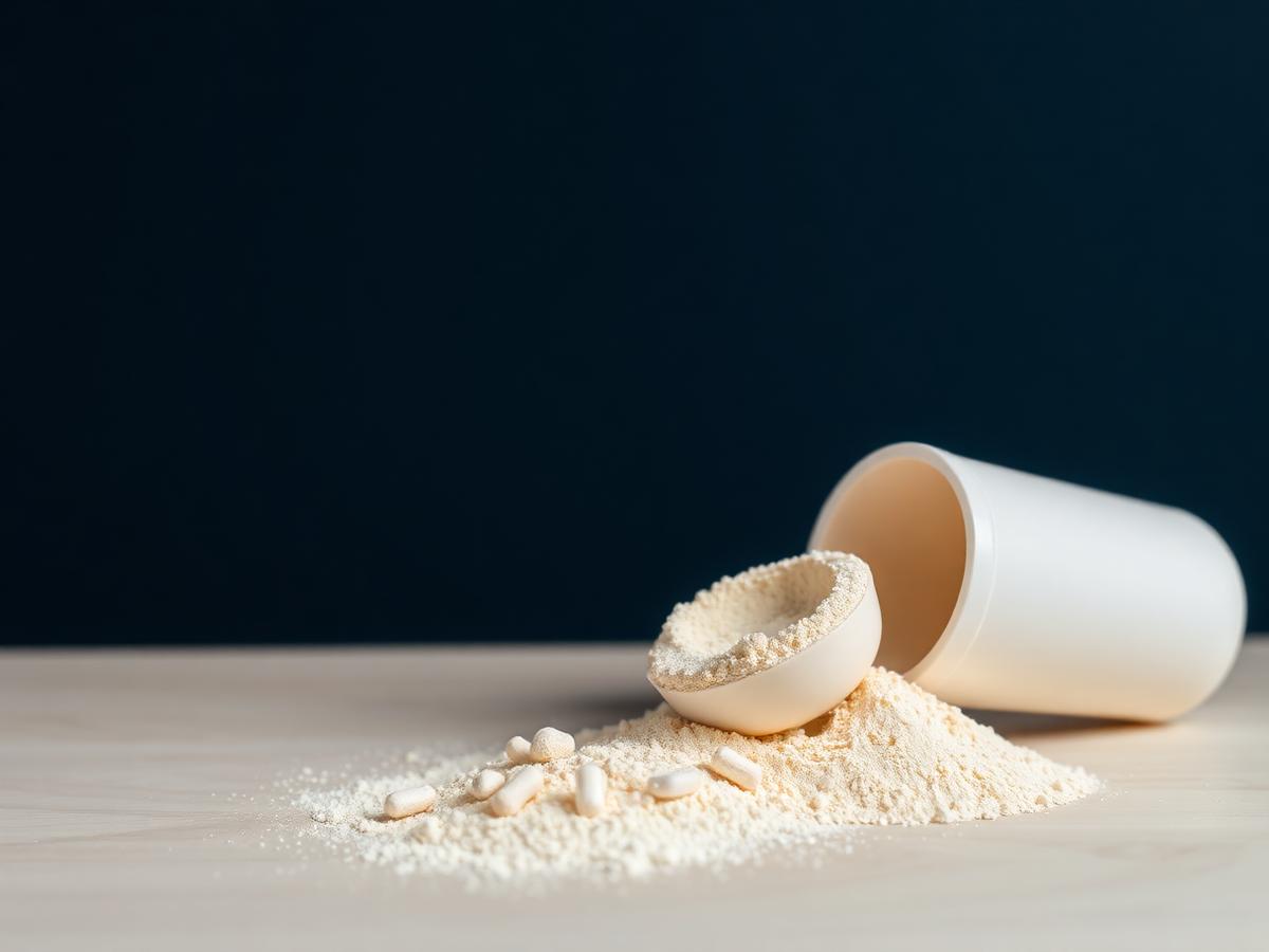 Supplement powder and scoop beside an unlabeled tub