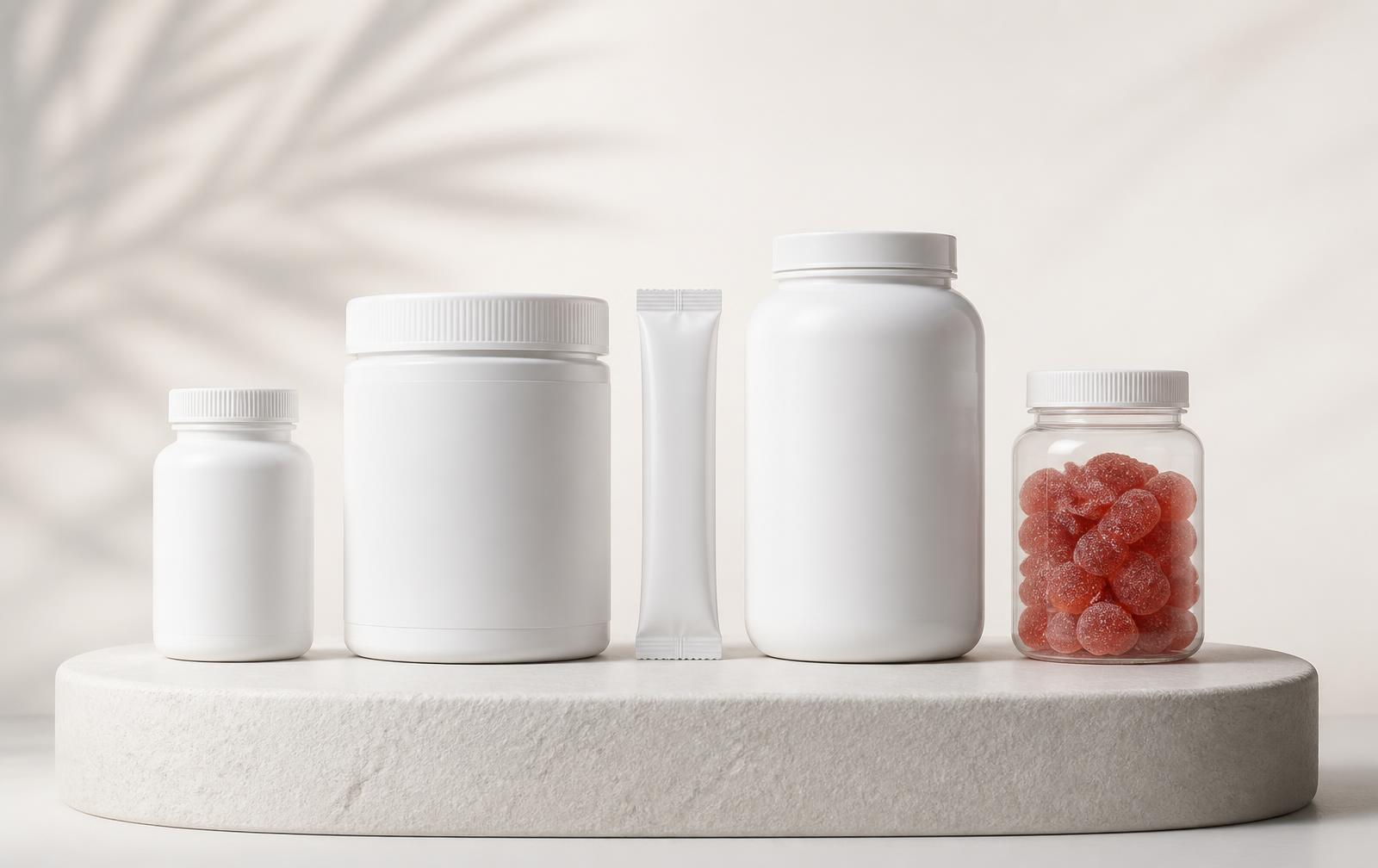 Lineup of unlabeled supplement containers in different formats