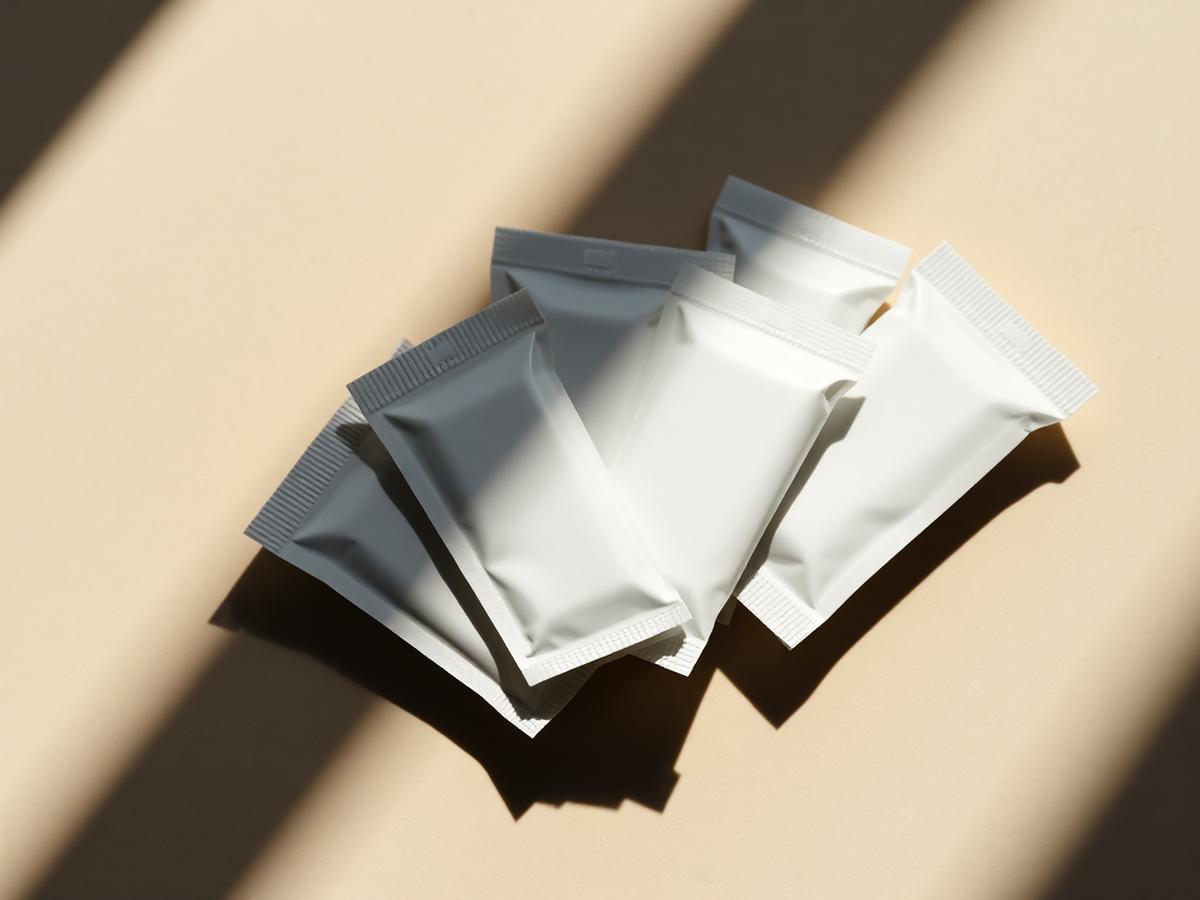 Blank single-serve stick pack sachets in daylight